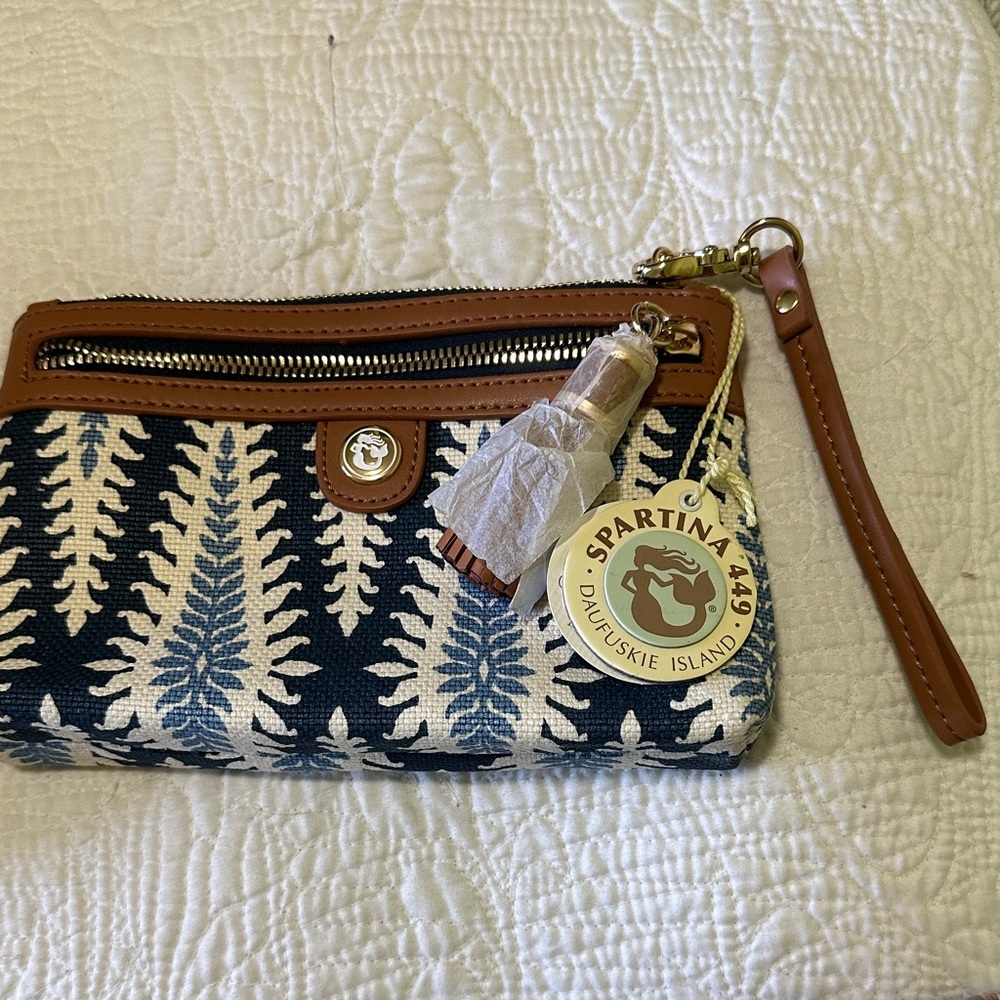 Brand New Spartina 449 Navy & Tan Fern-Print Wristlet with Leather Trim